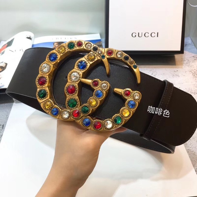 Gucci Leather belt with crystal Double G buckle 550111 Chocolates