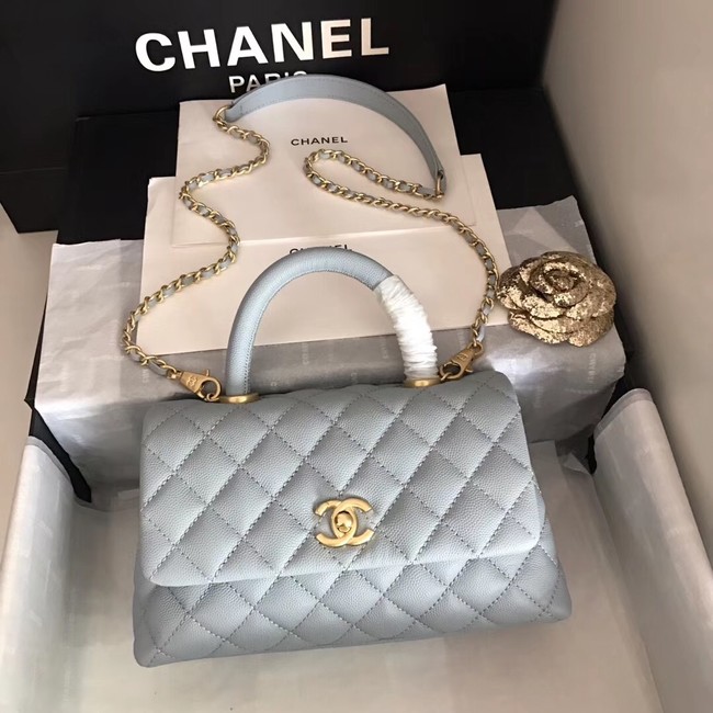 Chanel original Caviar leather flap bag top handle A92290 light blue&Gold-Tone Metal