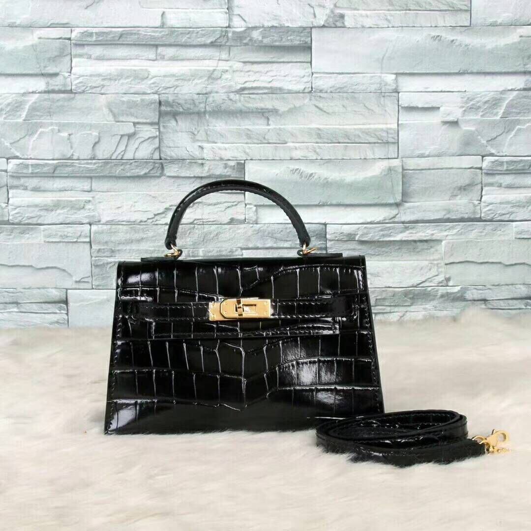 Hermes Kelly 19cm Tote Bag crocodile Leather KL19 Black