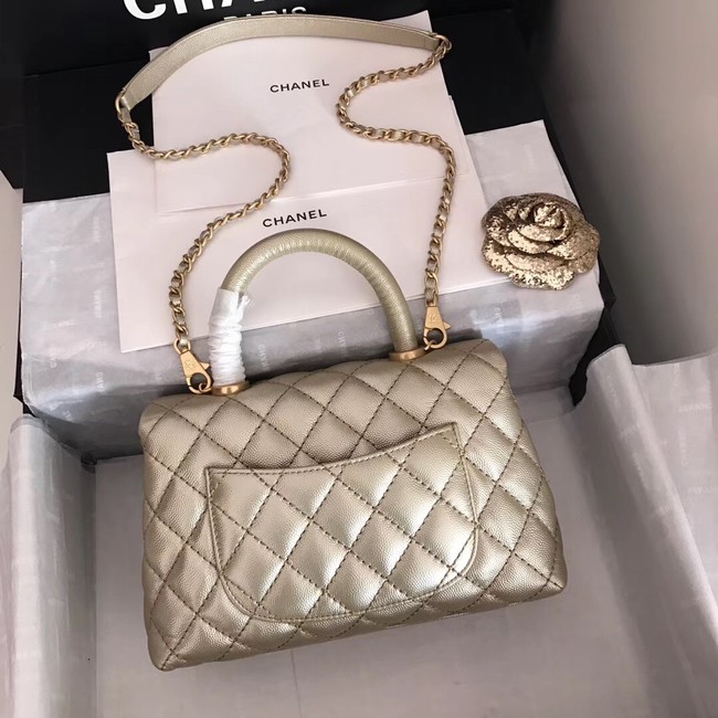 Chanel original Caviar leather flap bag top handle A92290 Light gold&Gold-Tone Metal