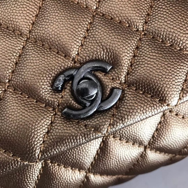 Chanel original Caviar leather flap bag top handle A92290 bronze&silver-Tone Metal