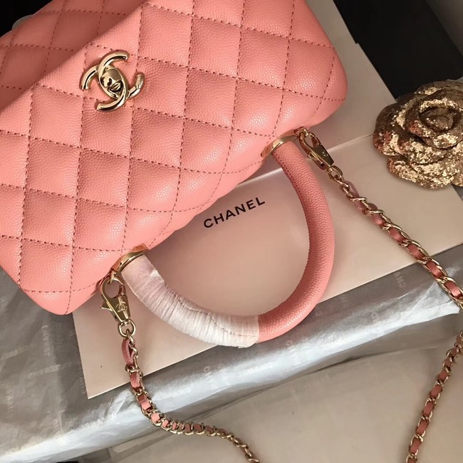 Chanel original Caviar leather flap bag top handle A92290 pink&Gold-Tone Metal