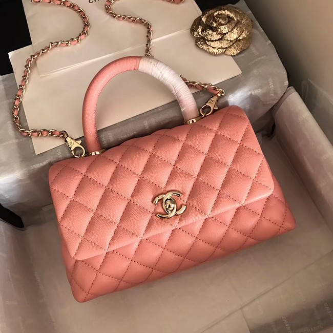 Chanel original Caviar leather flap bag top handle A92290 pink&Gold-Tone Metal