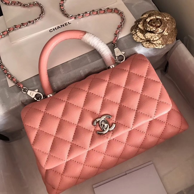 Chanel original Caviar leather flap bag top handle A92290 pink&silver-Tone Metal