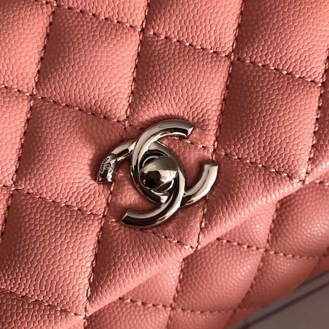 Chanel original Caviar leather flap bag top handle A92290 pink&silver-Tone Metal