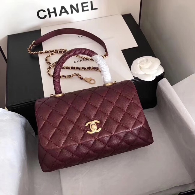 Chanel original Caviar leather flap bag top handle A92290 purple&Gold-Tone Metal