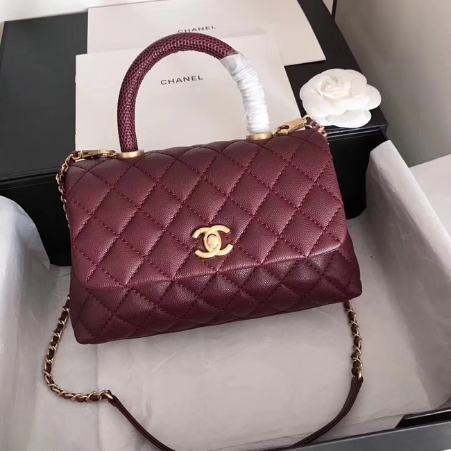 Chanel original Caviar leather flap bag top handle A92290 purple&Gold-Tone Metal