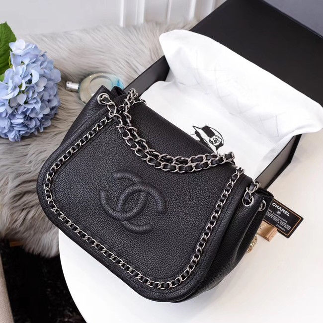 Chanel Calfskin & silver-Tone Metal Shoulder Bag 94008 black