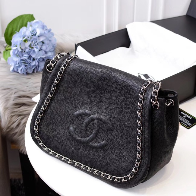 Chanel Calfskin & silver-Tone Metal Shoulder Bag 94008 black