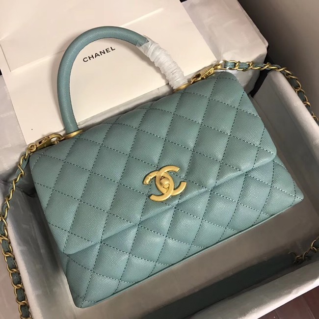 Chanel original Caviar leather flap bag top handle A92290 green &gold-Tone Metal