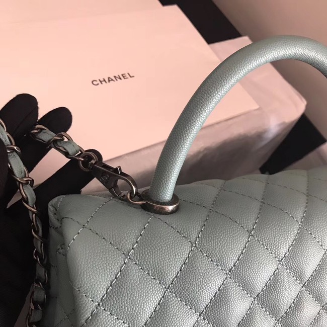 Chanel original Caviar leather flap bag top handle A92292 green &Silver-Tone Metal