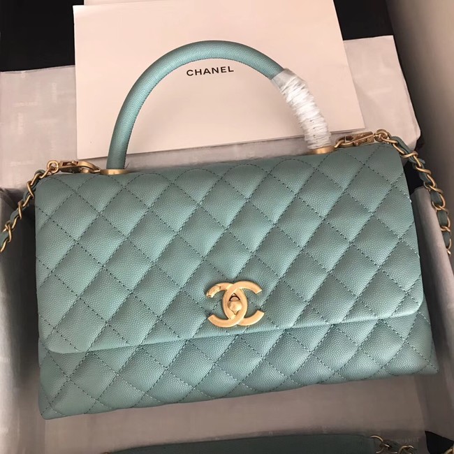 Chanel original Caviar leather flap bag top handle A92292 green &Gold-Tone Metal