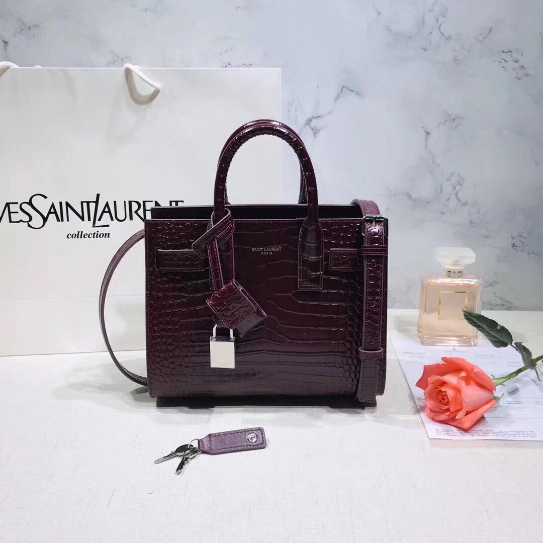 SAINT LAURENT Crocodile-Embossed Leather Organ Bag 392035 Wine