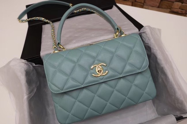 Chanel CC original lambskin top handle flap bag 92236 green&Gold-Tone Metal