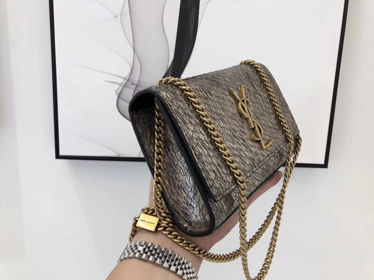 SAINT LAURENT Kate Snake Leather croc-embossed Shoulder Bag 474366 Gold