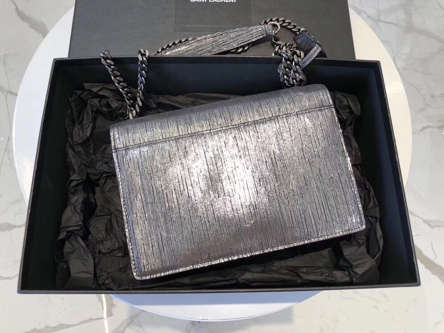 SAINT LAURENT Monogram Sunset medium Silver Wire cross-body Bag 442906 Silver