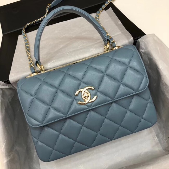 Chanel CC original lambskin top handle flap bag 92236 blue&Gold-Tone Metal