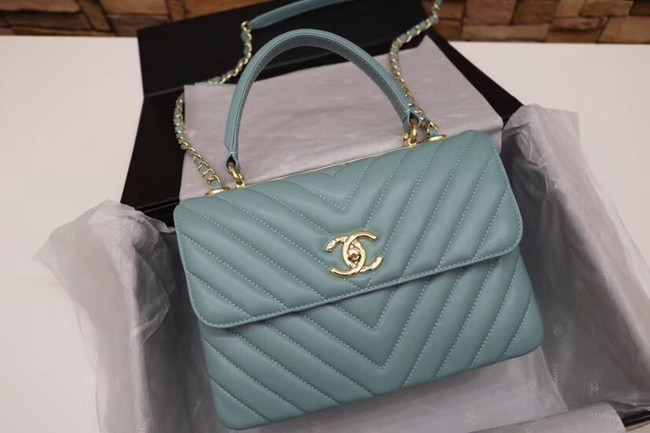 Chanel CC original lambskin top handle flap bag V92236 green&Gold-Tone Metal