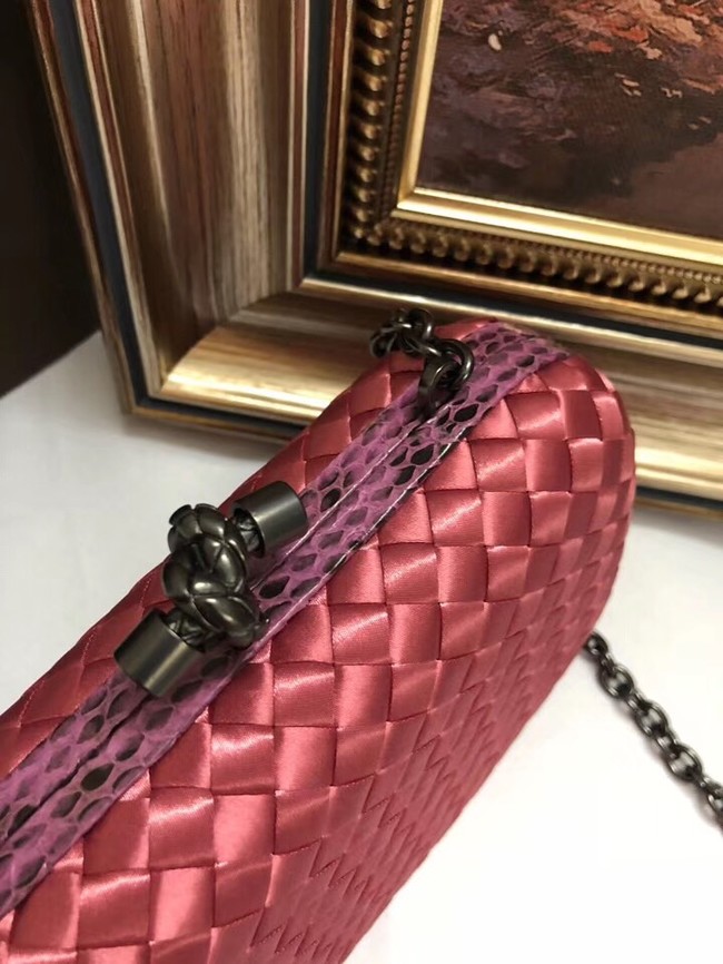 BOTTEGA VENETA Knot snakeskin-trimmed satin clutch 62548 Watermelon Red