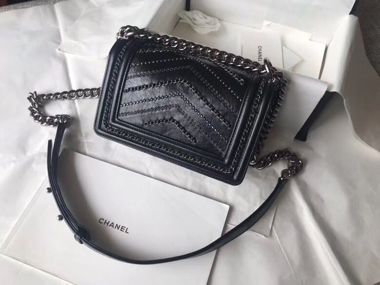 CHANEL BOY Crumpled Calfskin Original Leather Black Bag A67085 Silver