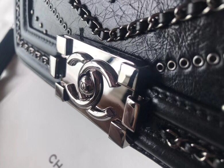 CHANEL BOY Crumpled Calfskin Original Leather Black Bag A67085 Silver