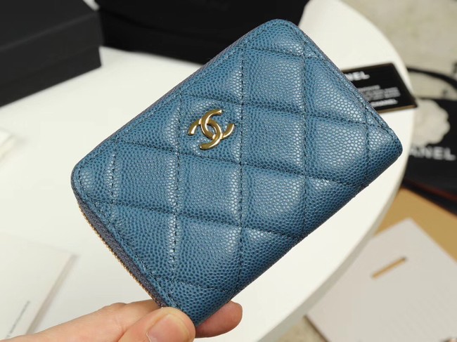 Chanel classic card holder Grained Calfskin & Gold-Tone Metal A69271 Blue