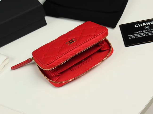 Chanel classic card holder Grained Calfskin & Gold-Tone Metal A69271 red