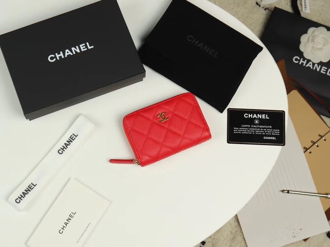 Chanel classic card holder Grained Calfskin & Gold-Tone Metal A69271 red