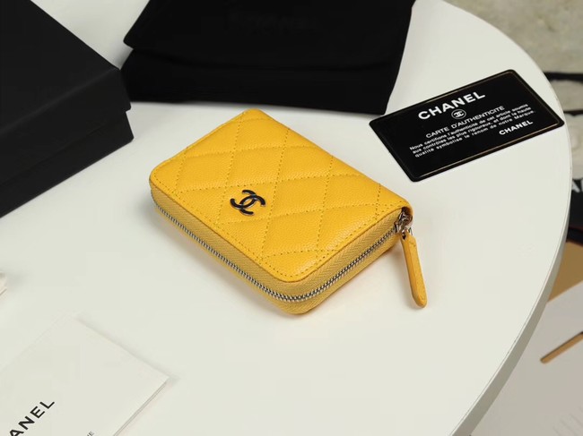 Chanel classic card holder Grained Calfskin & silver-Tone Metal A69271 yellow