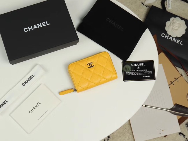 Chanel classic card holder Grained Calfskin & silver-Tone Metal A69271 yellow