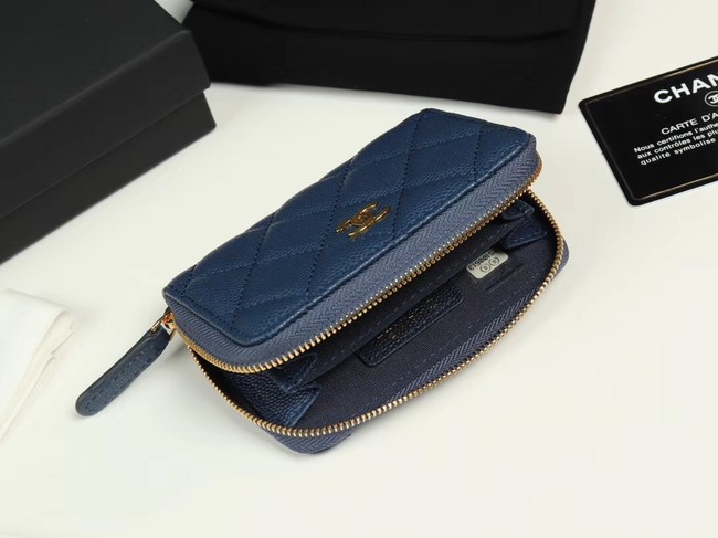 Chanel classic card holder Grained Calfskin & Gold-Tone Metal A69271 dark Blue