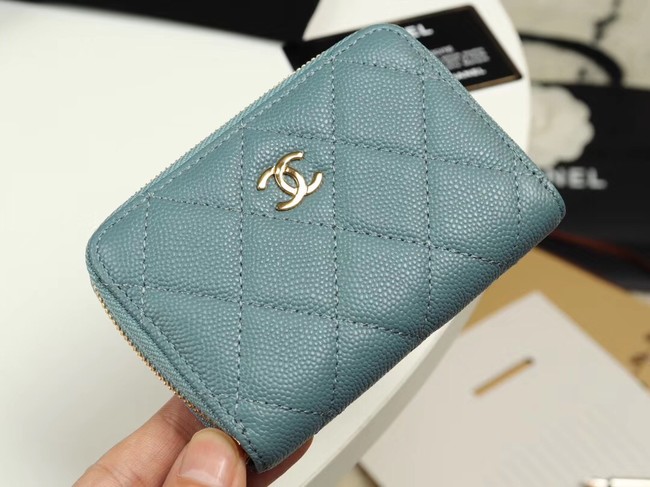 Chanel classic card holder Grained Calfskin & Gold-Tone Metal A69271 light Blue