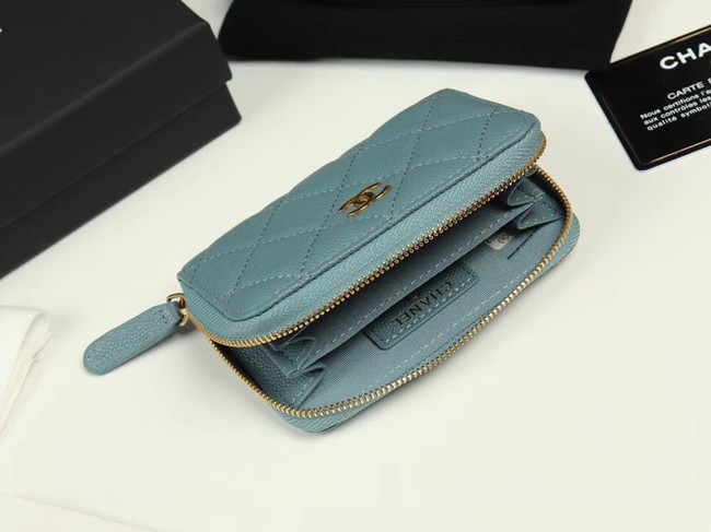 Chanel classic card holder Grained Calfskin & Gold-Tone Metal A69271 light Blue