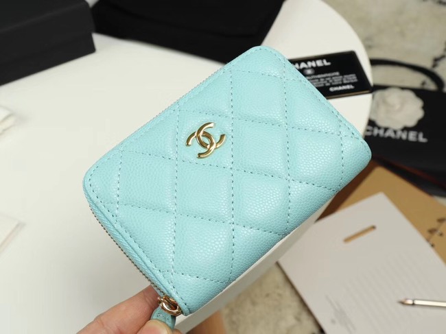 Chanel classic card holder Grained Calfskin & Gold-Tone Metal A69271 sky Blue