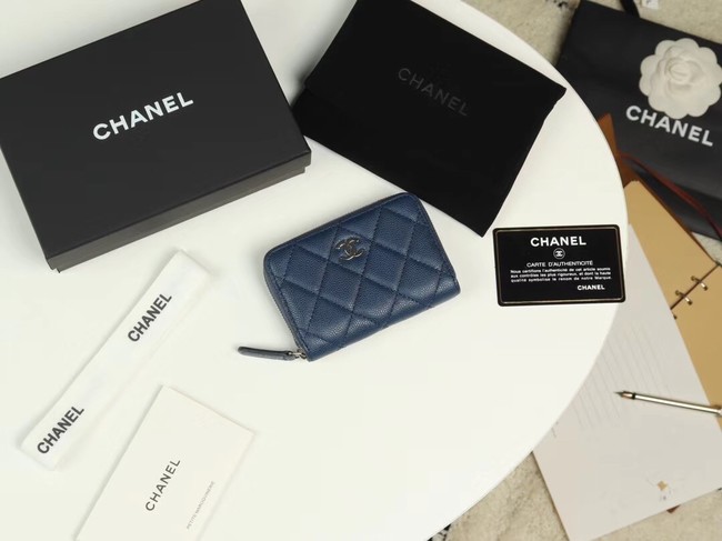 Chanel classic card holder Grained Calfskin & silver-Tone Metal A69271 sky Blue