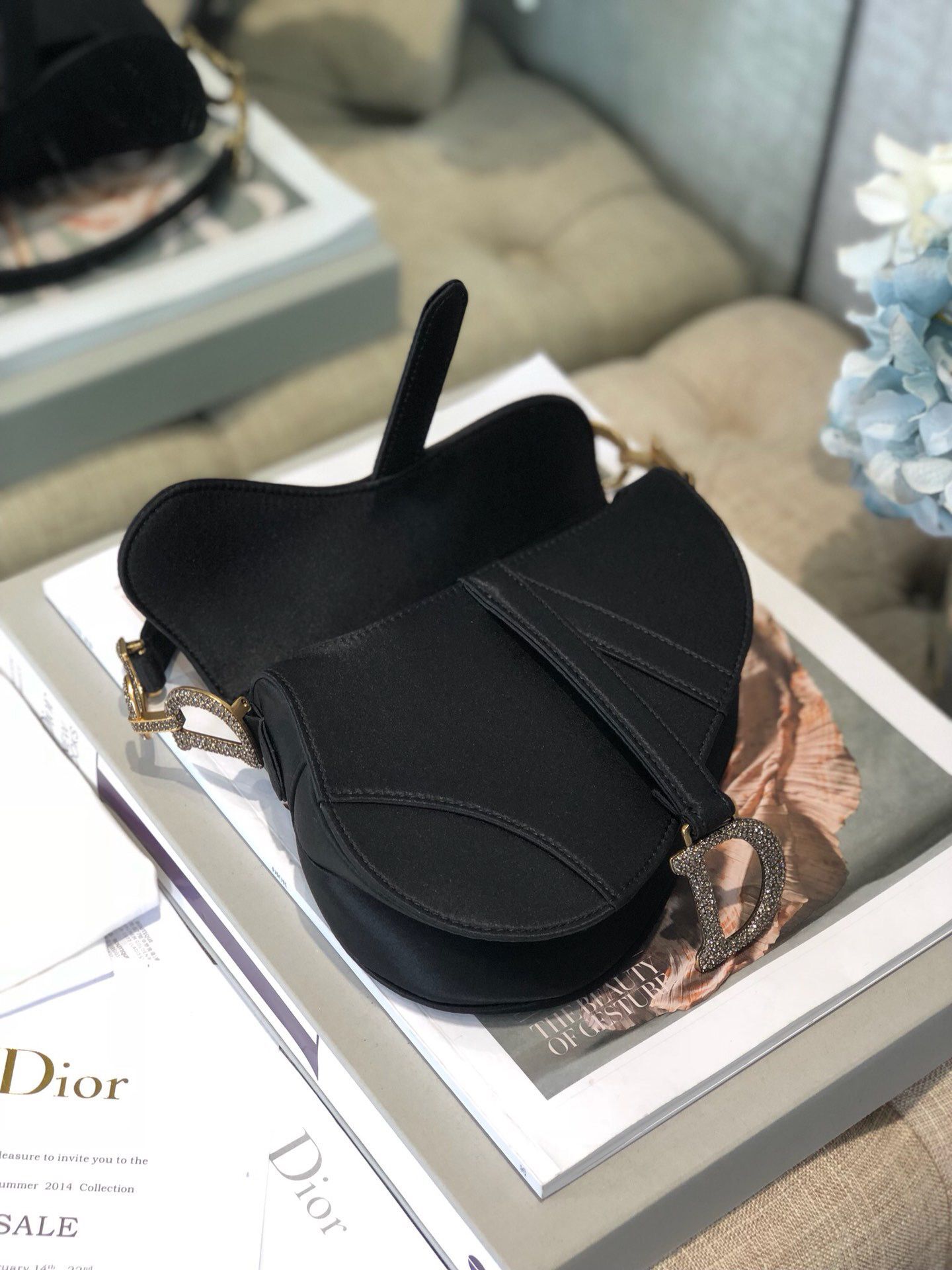 Dior Mini Saddle Satin Crystal Bag M0447 Black