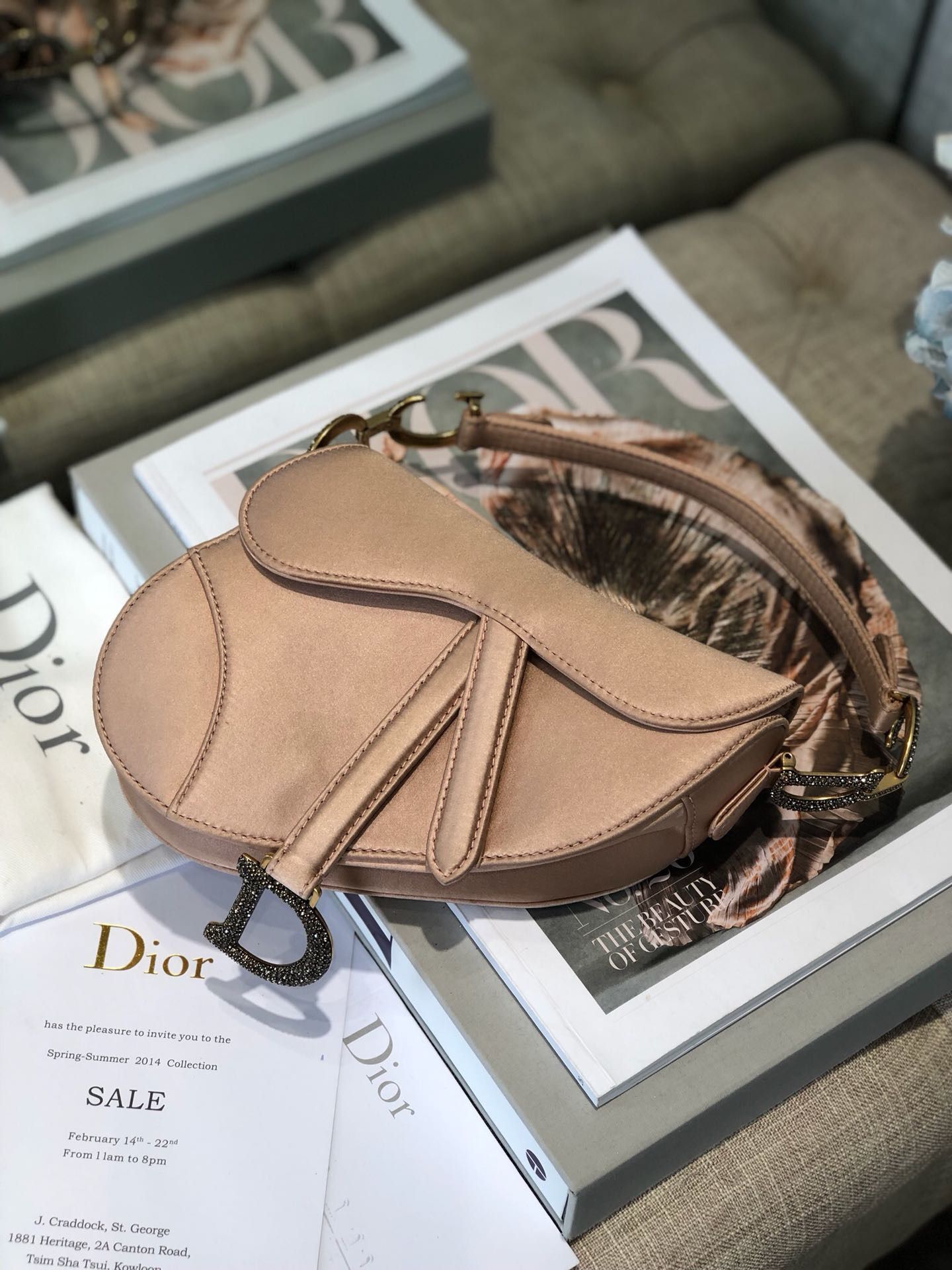 Dior Mini Saddle Satin Crystal Bag M0447 Champagne