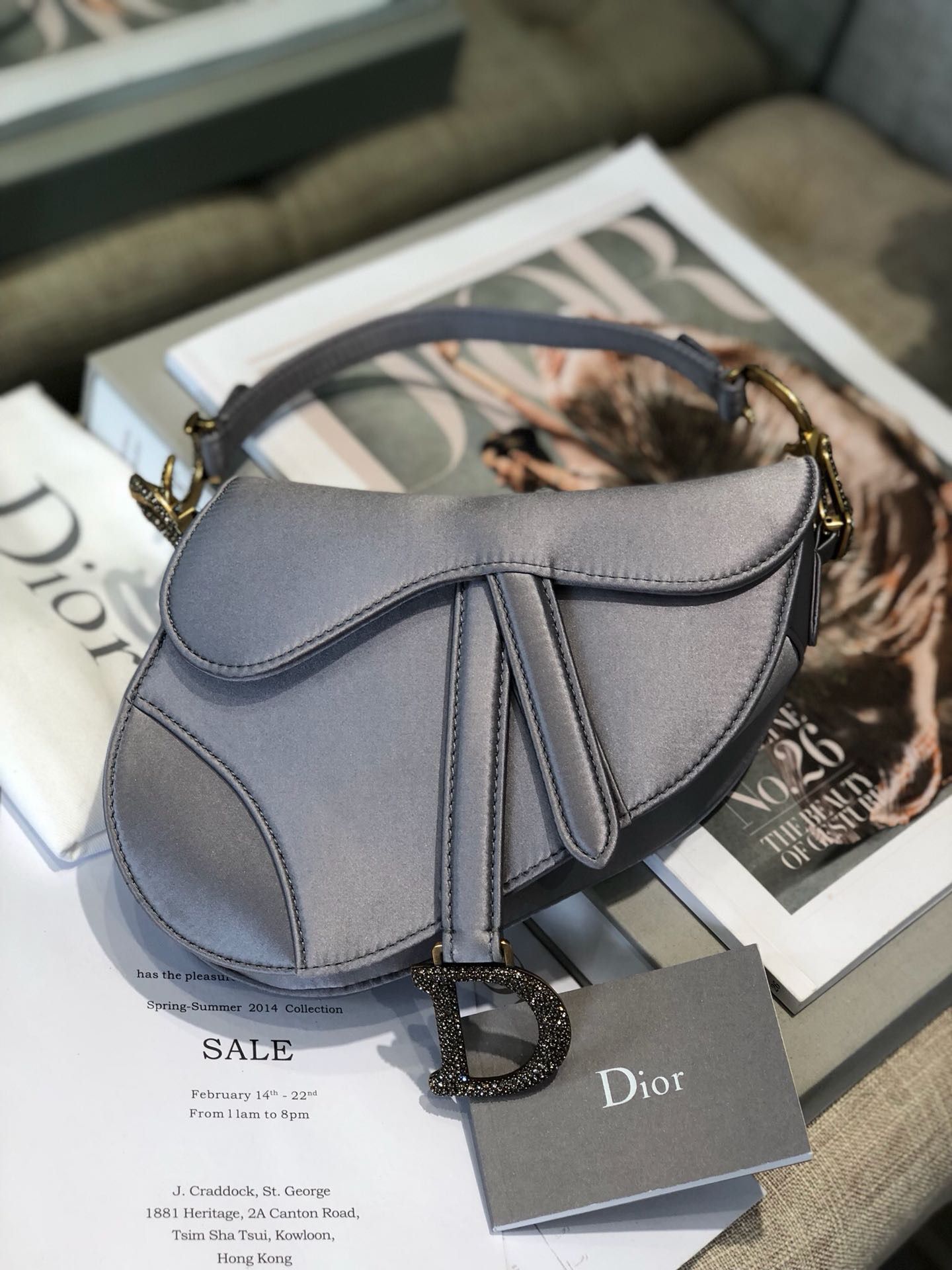 Dior Mini Saddle Satin Crystal Bag M0447 Gray