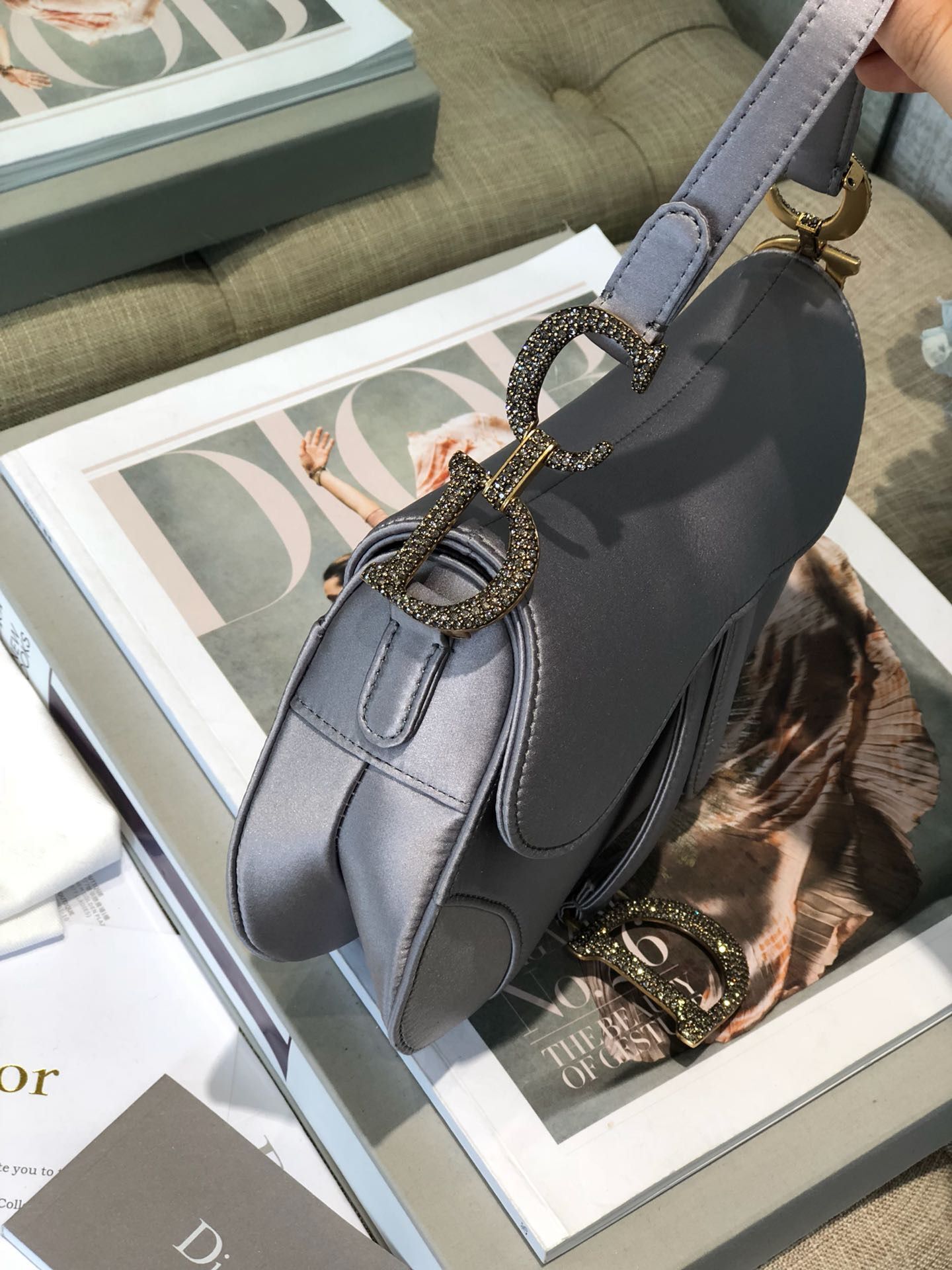 Dior Mini Saddle Satin Crystal Bag M0447 Gray