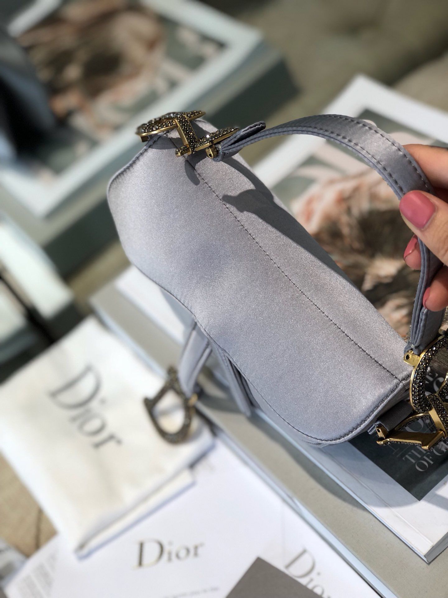 Dior Mini Saddle Satin Crystal Bag M0447 Gray