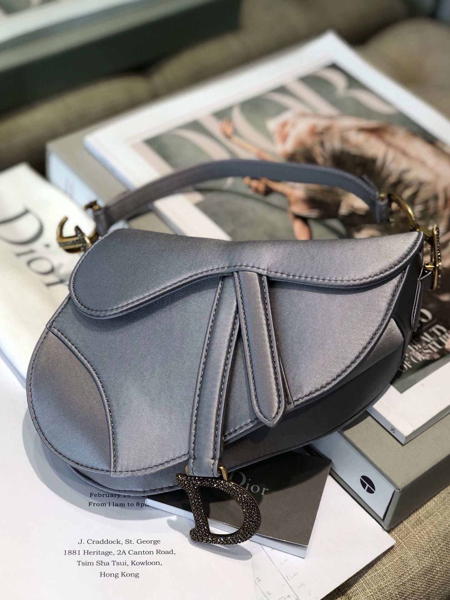 Dior Mini Saddle Satin Crystal Bag M0447 Gray