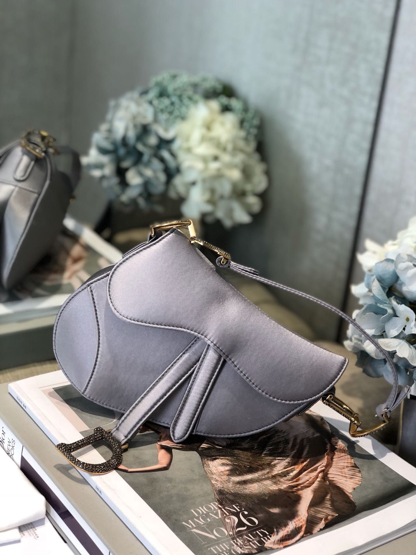 Dior Mini Saddle Satin Crystal Bag M0447 Gray