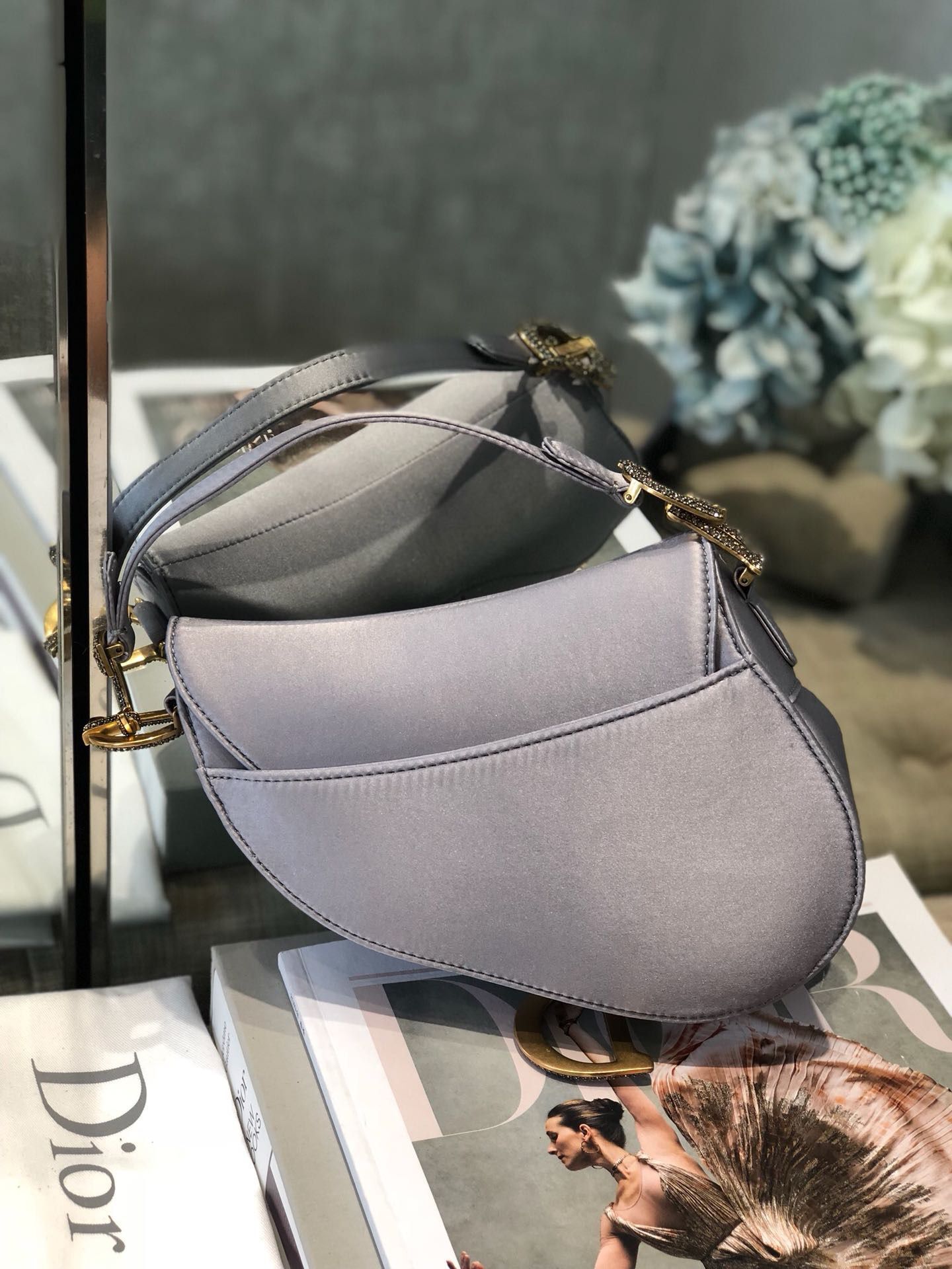 Dior Mini Saddle Satin Crystal Bag M0447 Gray