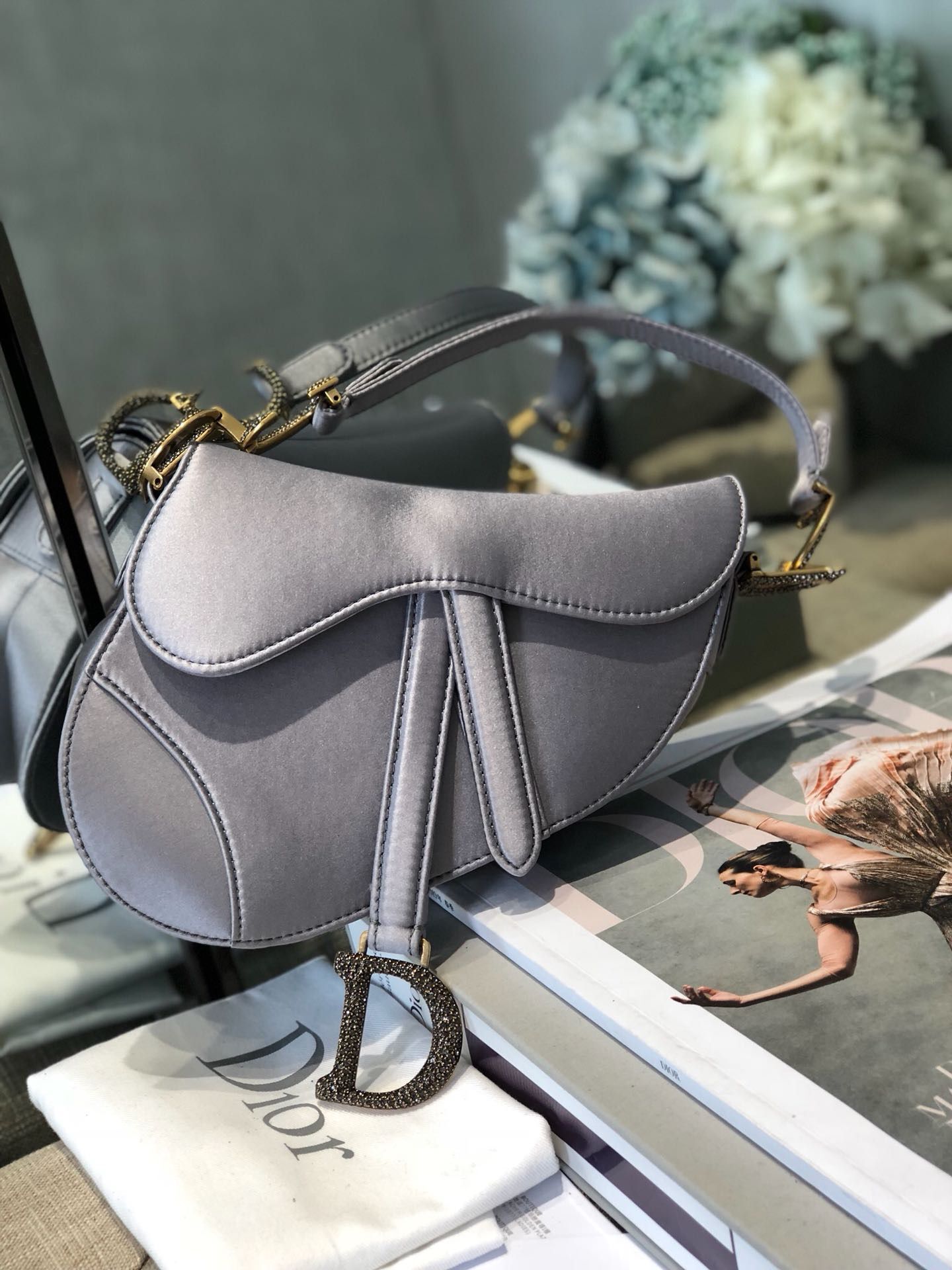 Dior Mini Saddle Satin Crystal Bag M0447 Gray