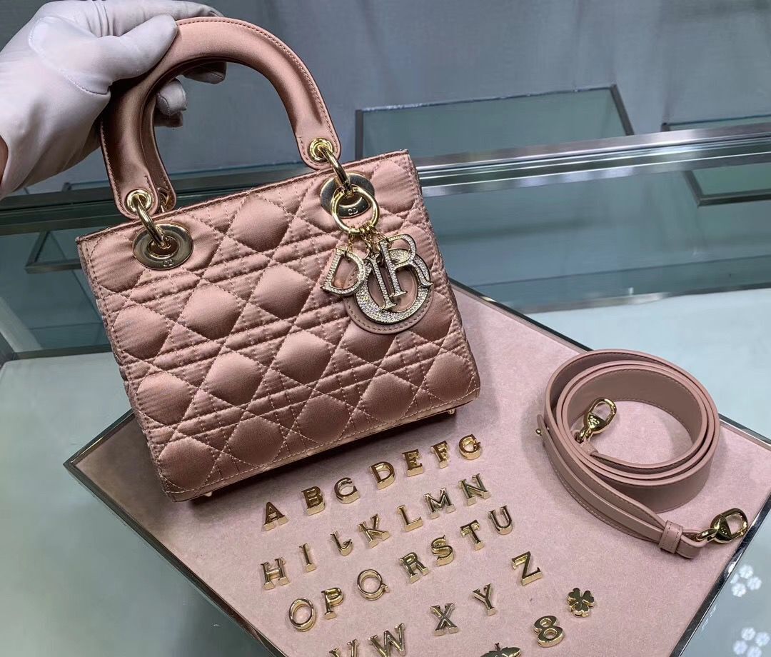 Dior Lady Original Silk Pink Bag 2369 Diamond Gold