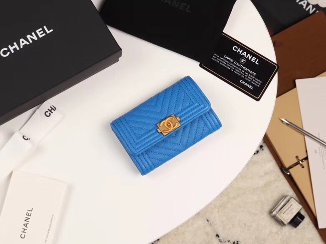 Chanel Calfskin Leather Card packet & Gold-Tone Metal A80603 blue