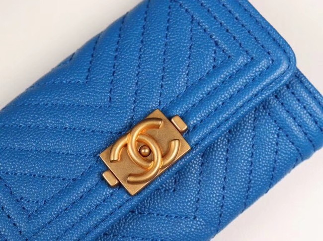 Chanel Calfskin Leather Card packet & Gold-Tone Metal A80603 blue