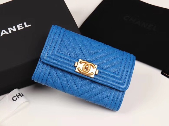 Chanel Calfskin Leather Card packet & Gold-Tone Metal A80603 blue