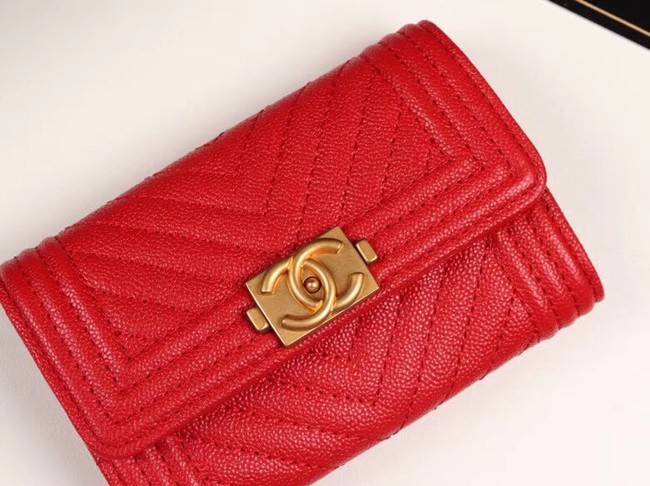 Chanel Calfskin Leather Card packet & Gold-Tone Metal A80603 red