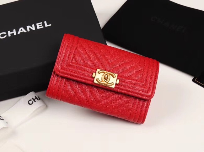 Chanel Calfskin Leather Card packet & Gold-Tone Metal A80603 red